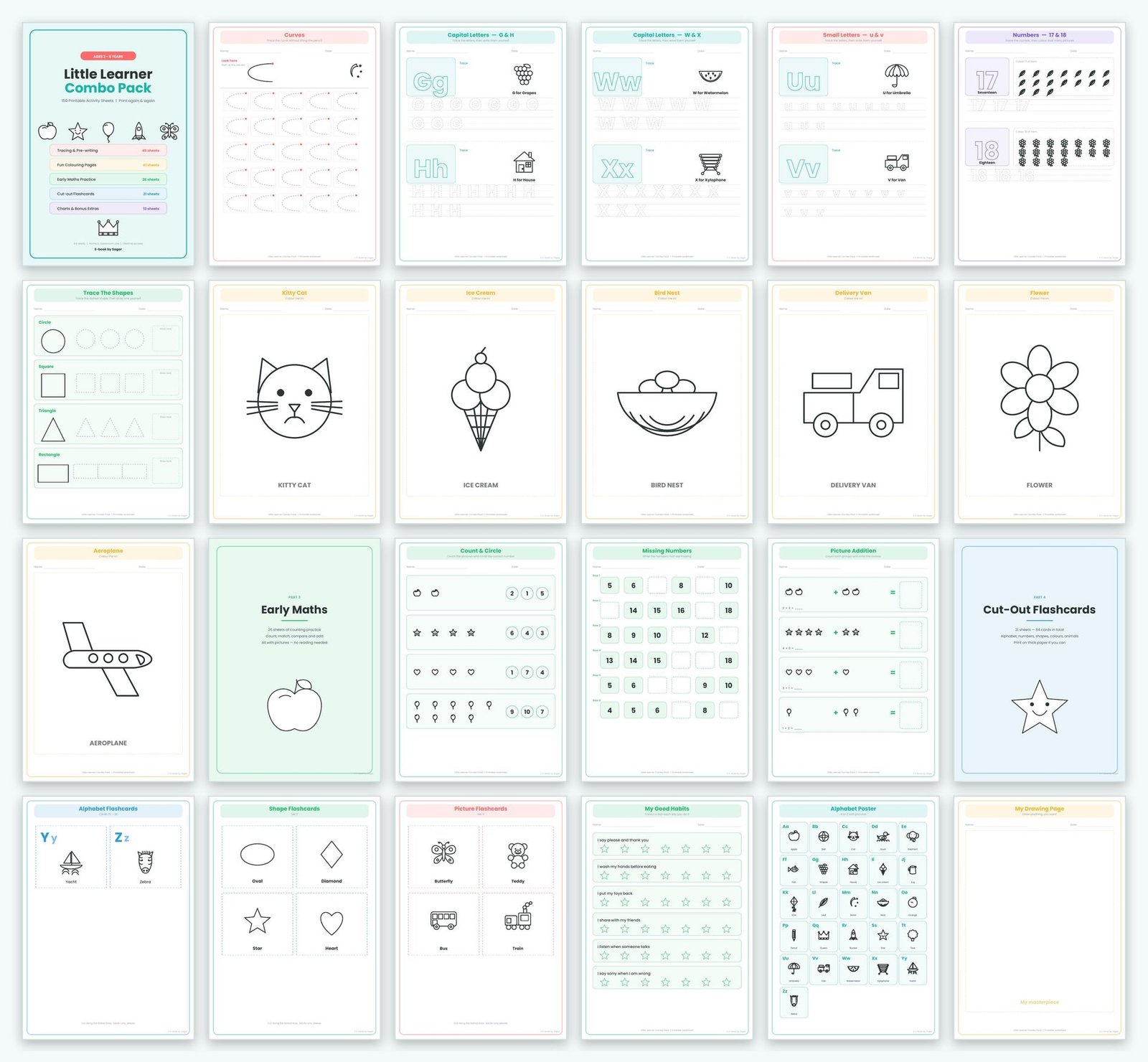 A grid of 24 pages from the pack showing tracing sheets, colouring pages, maths worksheets, flashcards and charts
